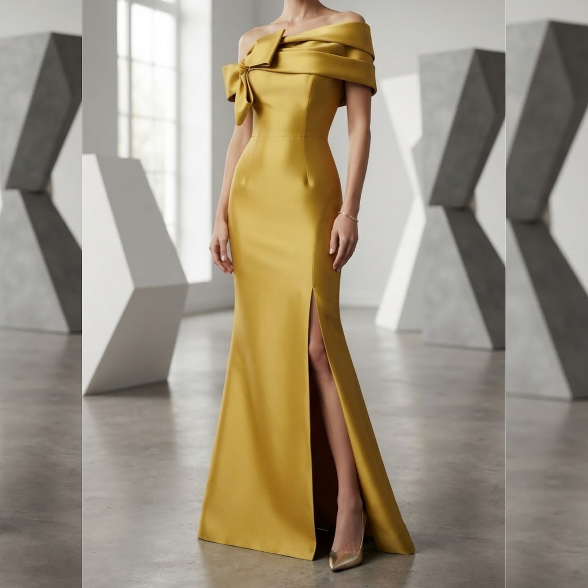 Vestido largo de moño mostaza