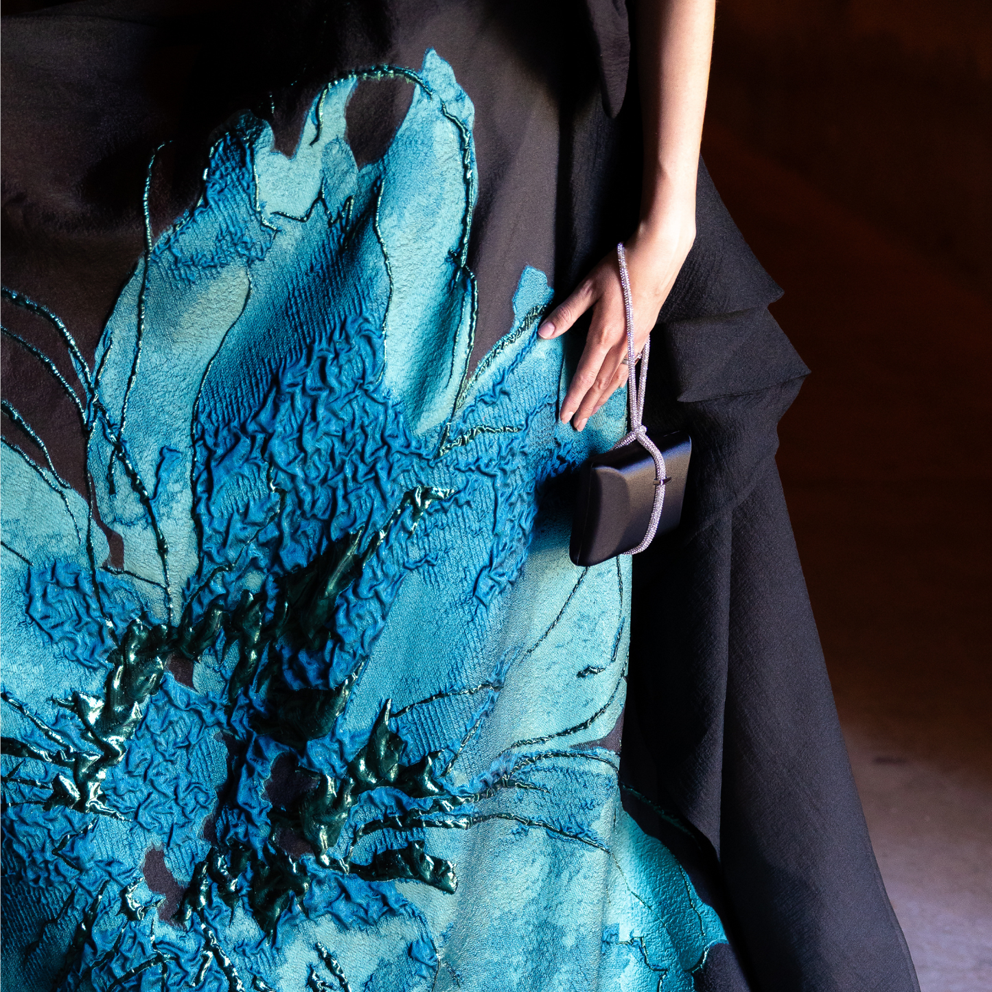 Vestido largo en corte princesa flor verde.