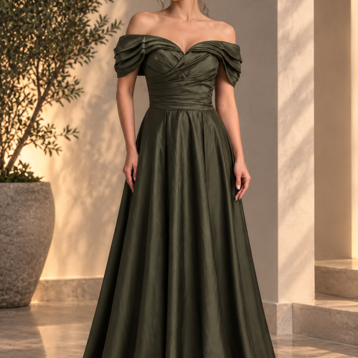 Vestido largo corte A verde olivo