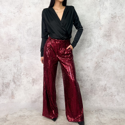Pantalón ancho de lentejuela vino