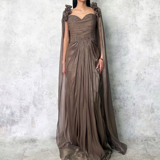 Vestido largo de gasa satinada marron