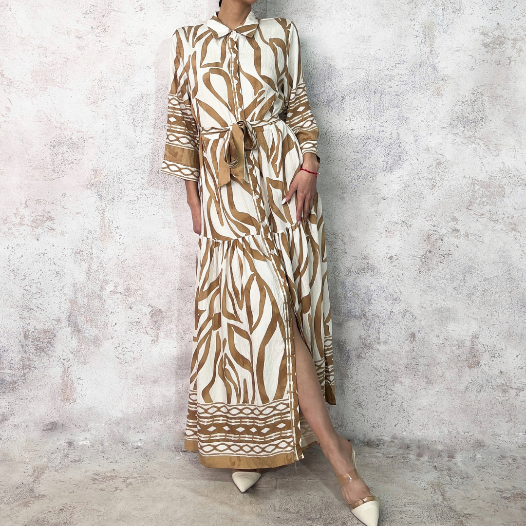 Vestido camisero blanco estampado beige