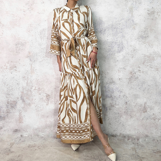 Vestido camisero blanco estampado beige