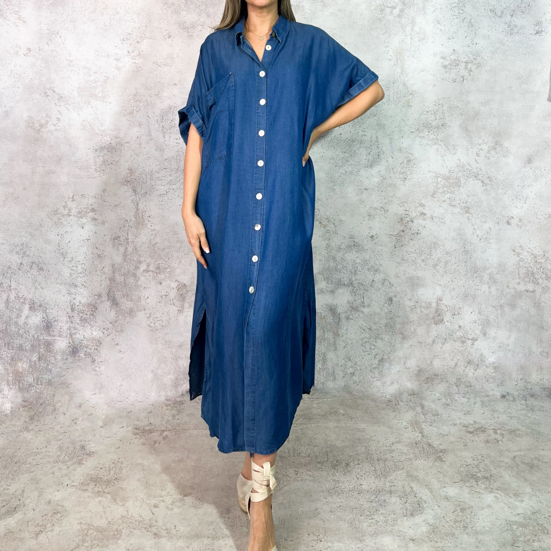 Vestido midi camisero azul mezclilla