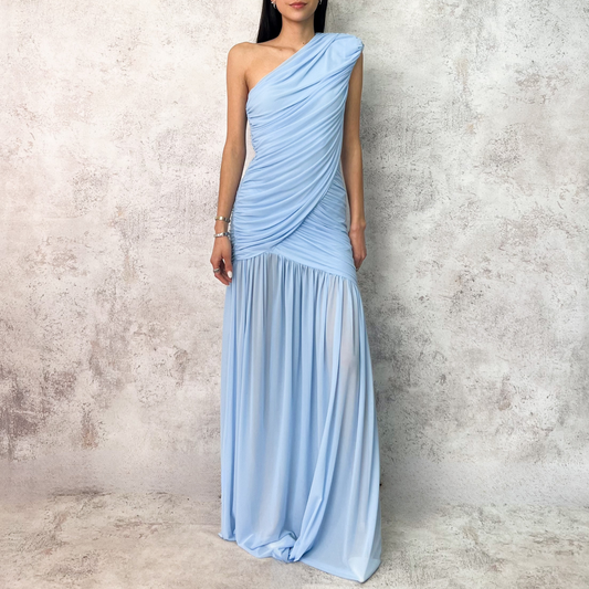 Vestido largo de mesh asimétrico azul bb