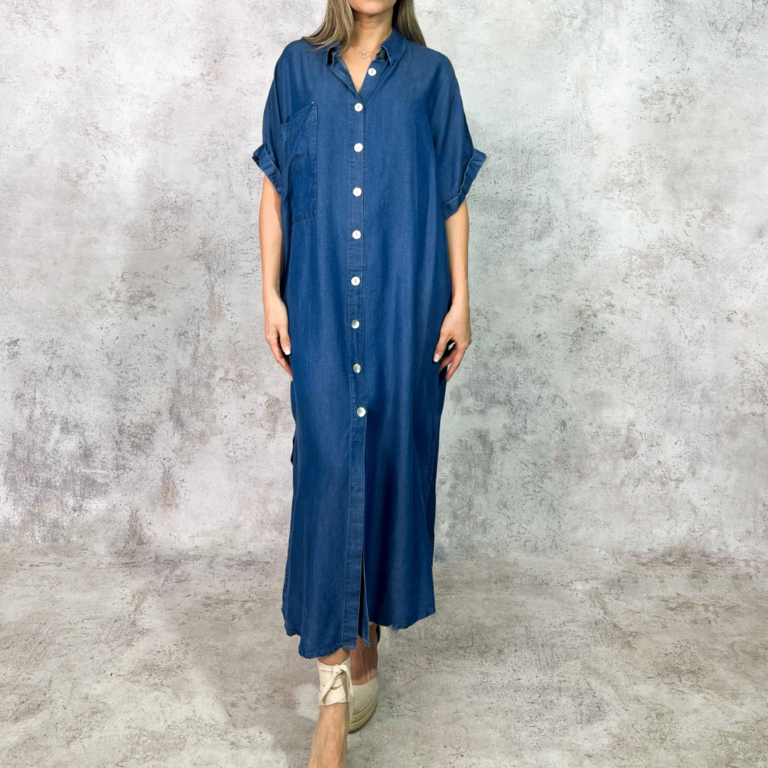 Vestido midi camisero azul mezclilla