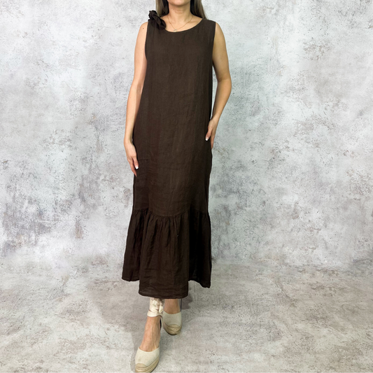 Vestido midi de lino cafe