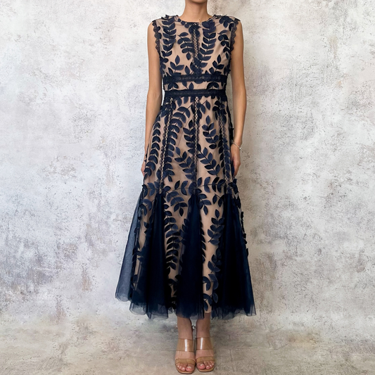 Vestido midi azul marino beige