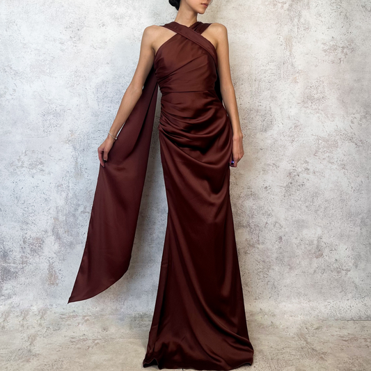 Vestido largo satinado cafe