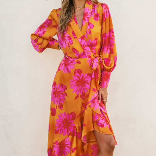 VESTIDO NARANJA ESTAMPADO ROSA