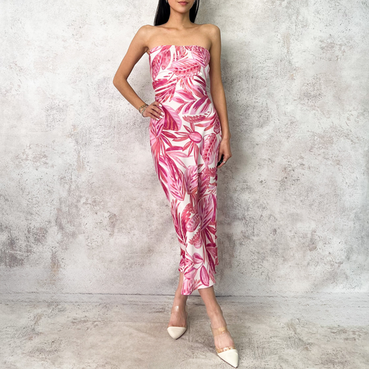 Vestido midi con estampado de hojas rosas