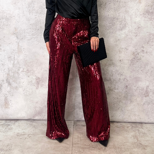 Pantalón ancho de lentejuela vino