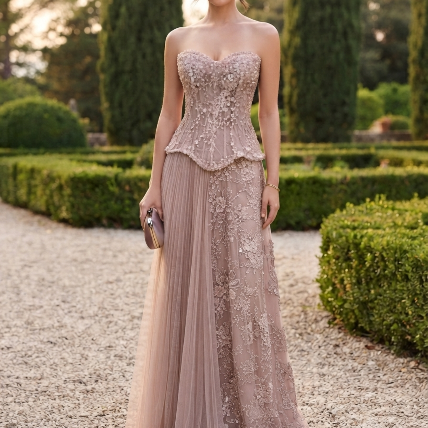 Vestido largo strapless blush