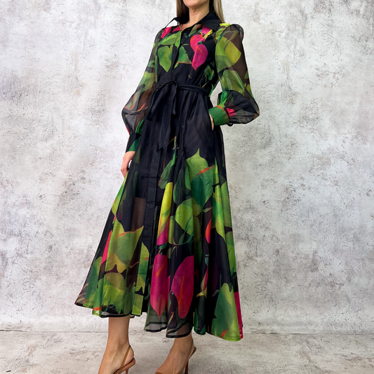Vestido midi organza con estampado botánico