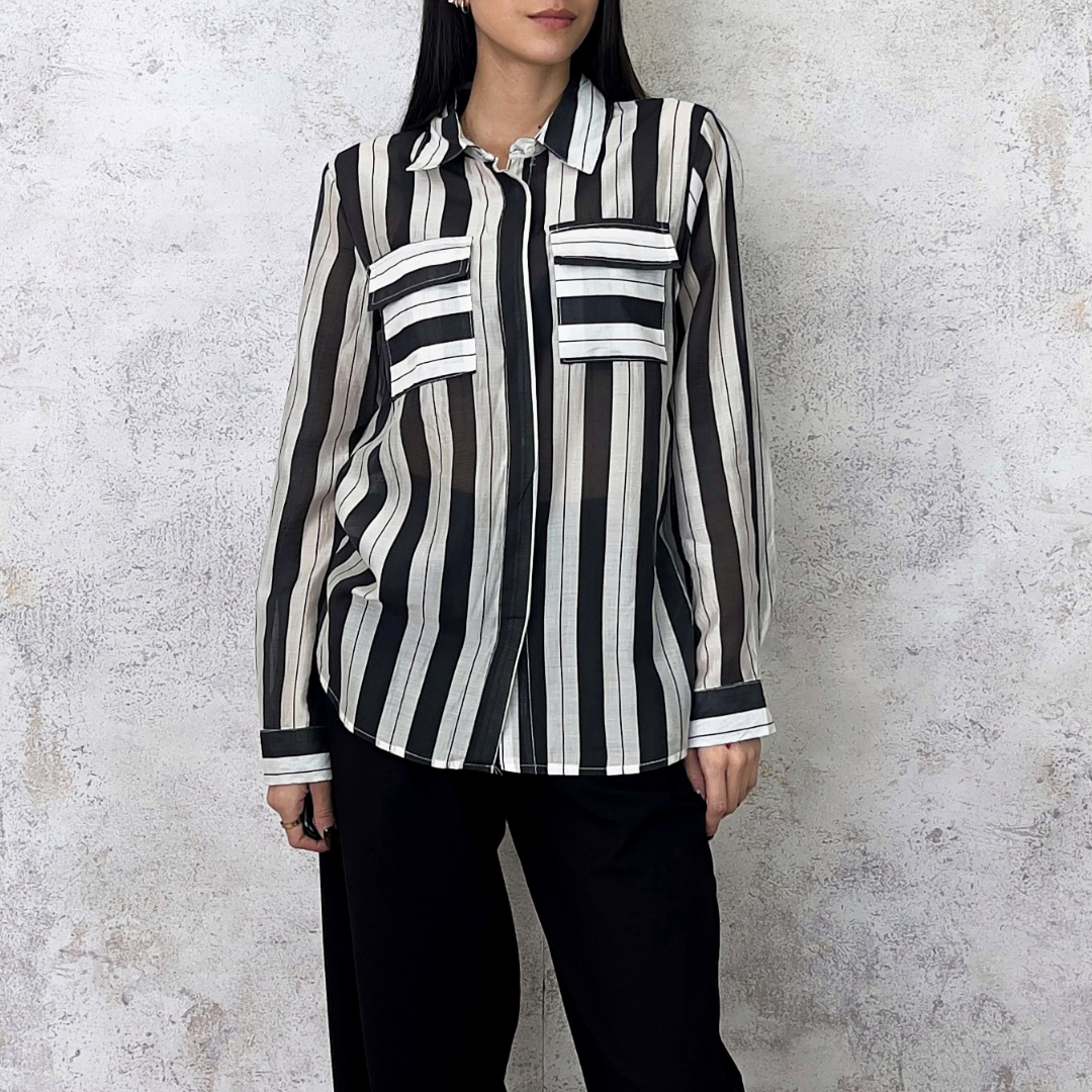 Camisa de gasa rayas blanco con negro