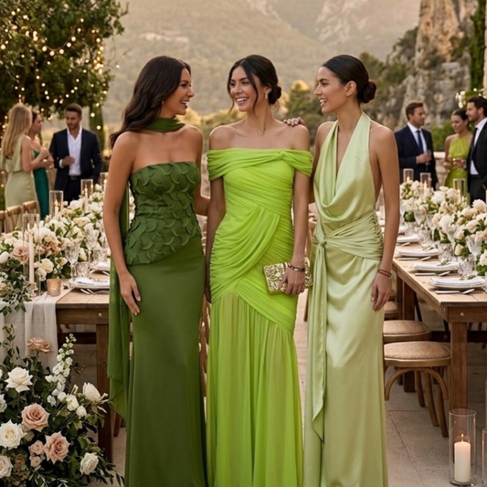 Vestido largo tela satinada verde lima