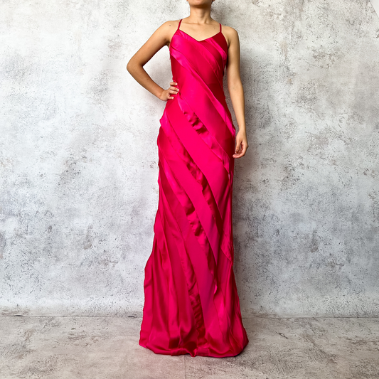 Vestido largo satinado rosa magenta