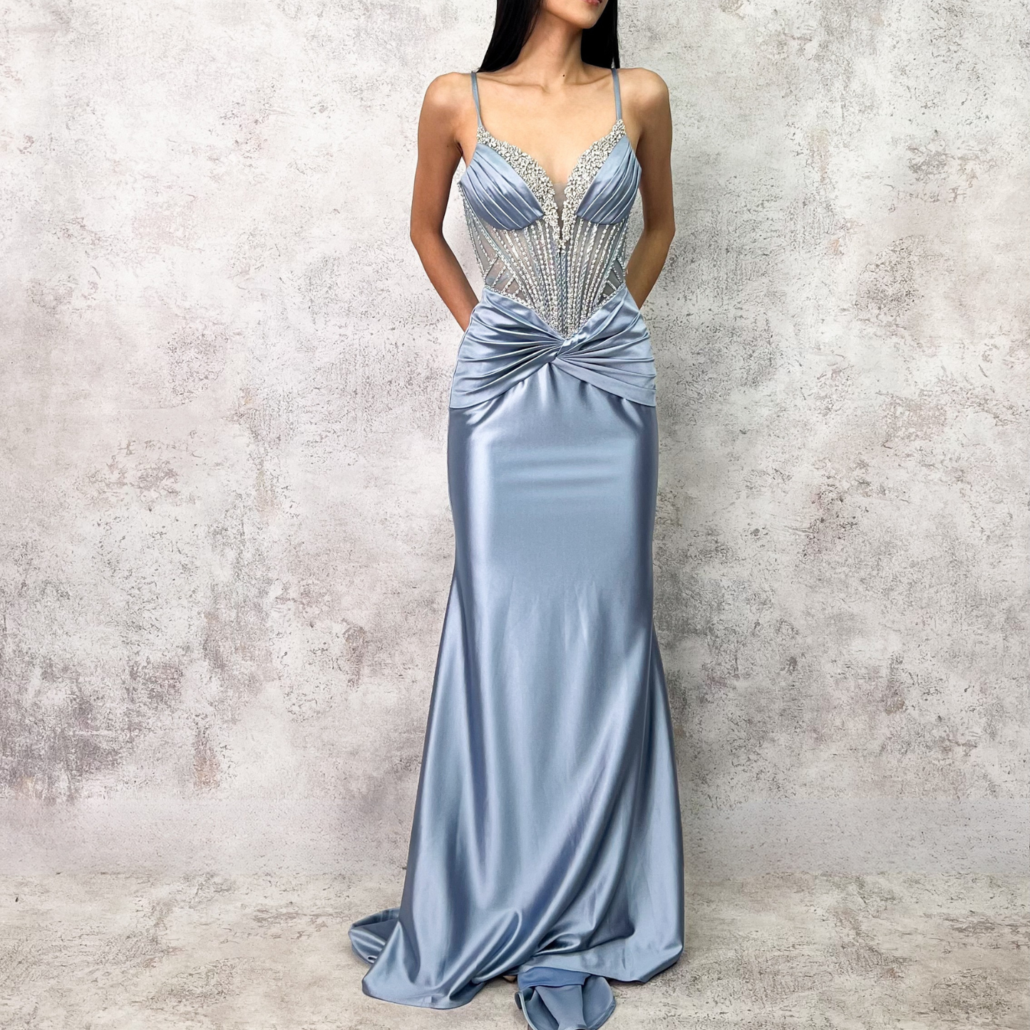 Vestido largo corset bordado azul cielo