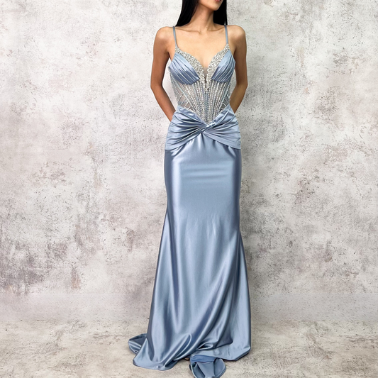 Vestido largo corset bordado azul cielo