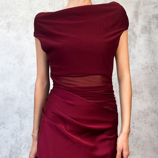 Vestido midi de mesh burgundy