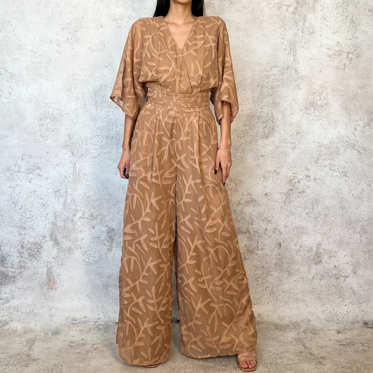 Jumpsuit taupe bordado hojas