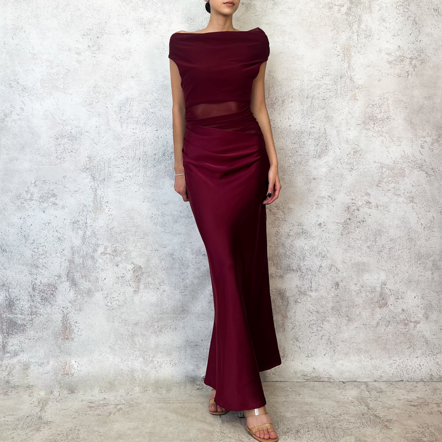 Vestido midi de mesh burgundy