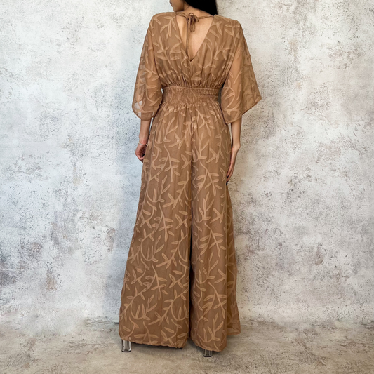 Jumpsuit taupe bordado hojas