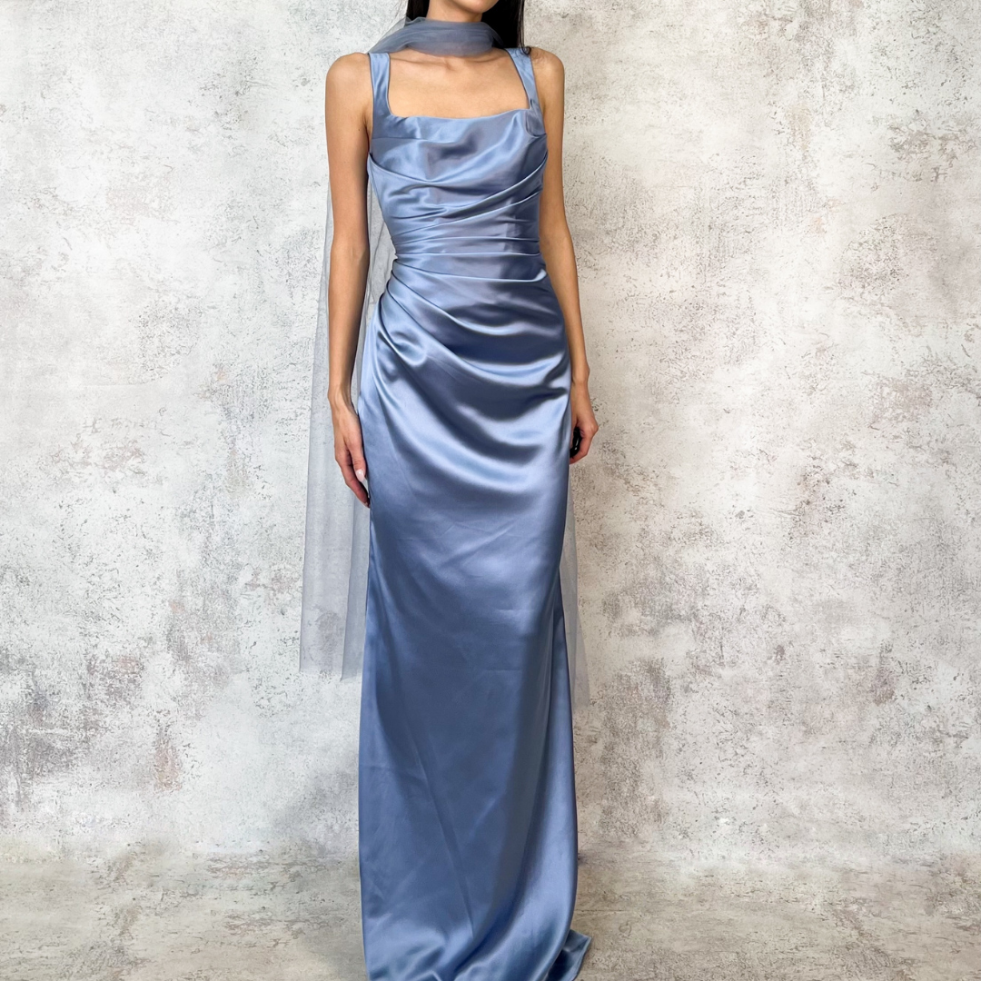 Vestido largo satinado dusty blue
