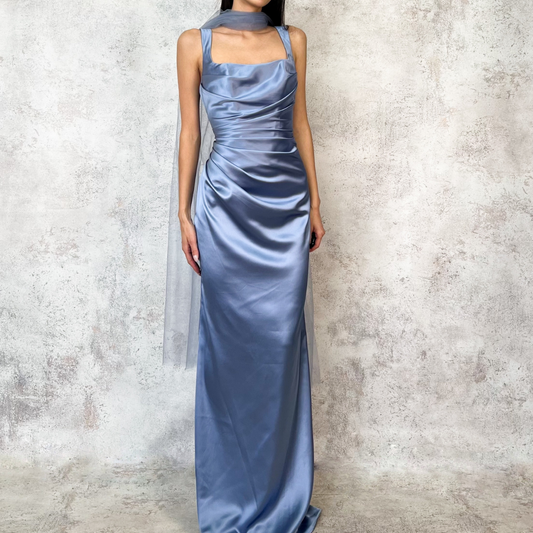 Vestido largo satinado dusty blue