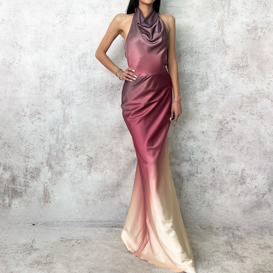 Vestido largo satinado degradado mauve.