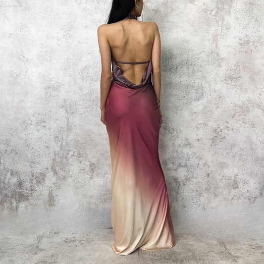 Vestido largo satinado degradado mauve.