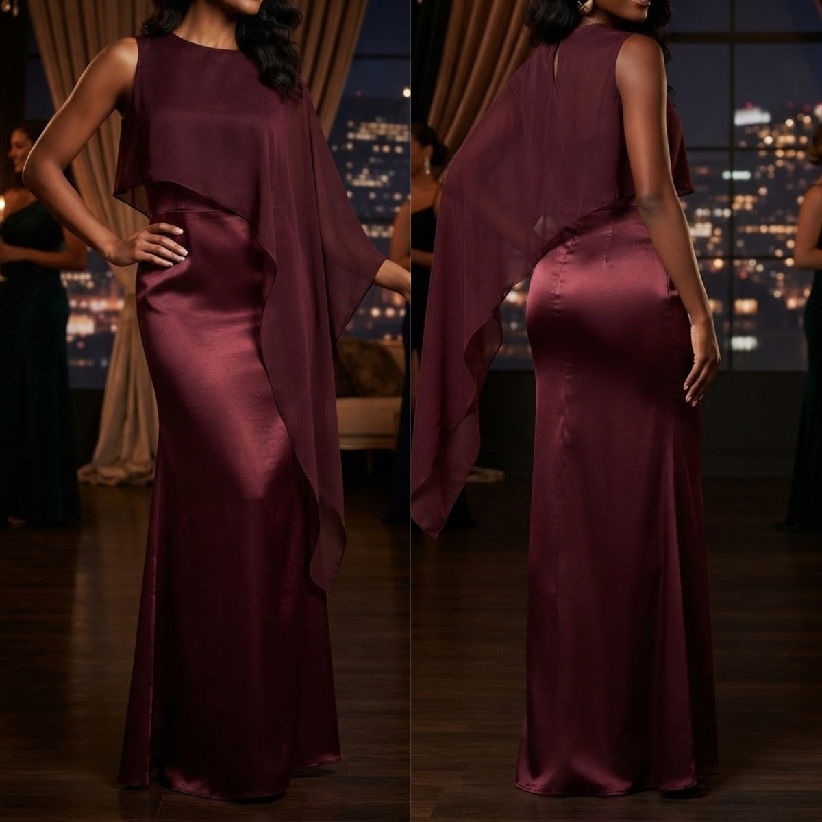 Vestido largo de capa  satin color vino