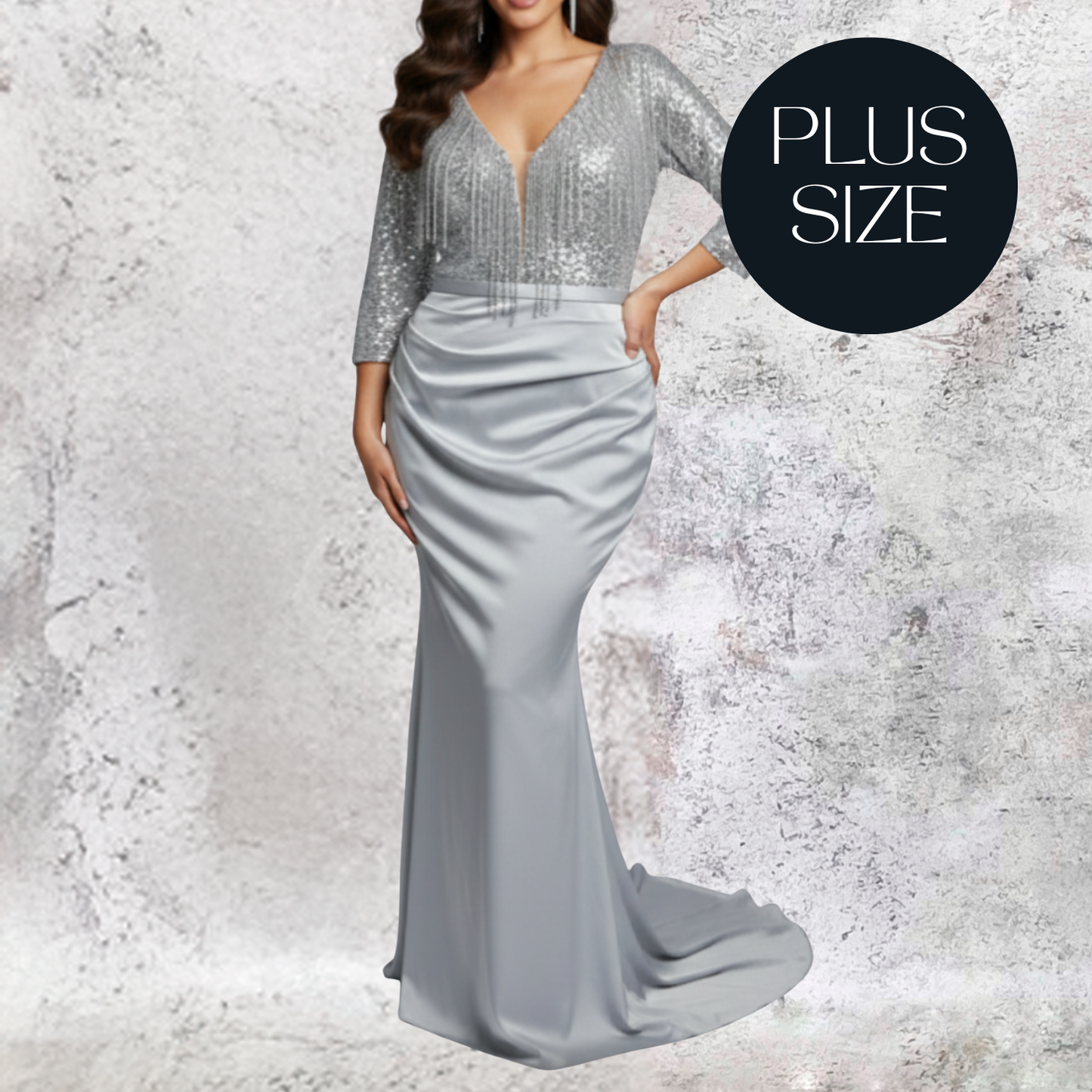 Vestido largo color gris con bordado plata