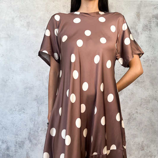 Vestido midi taupe polka dots