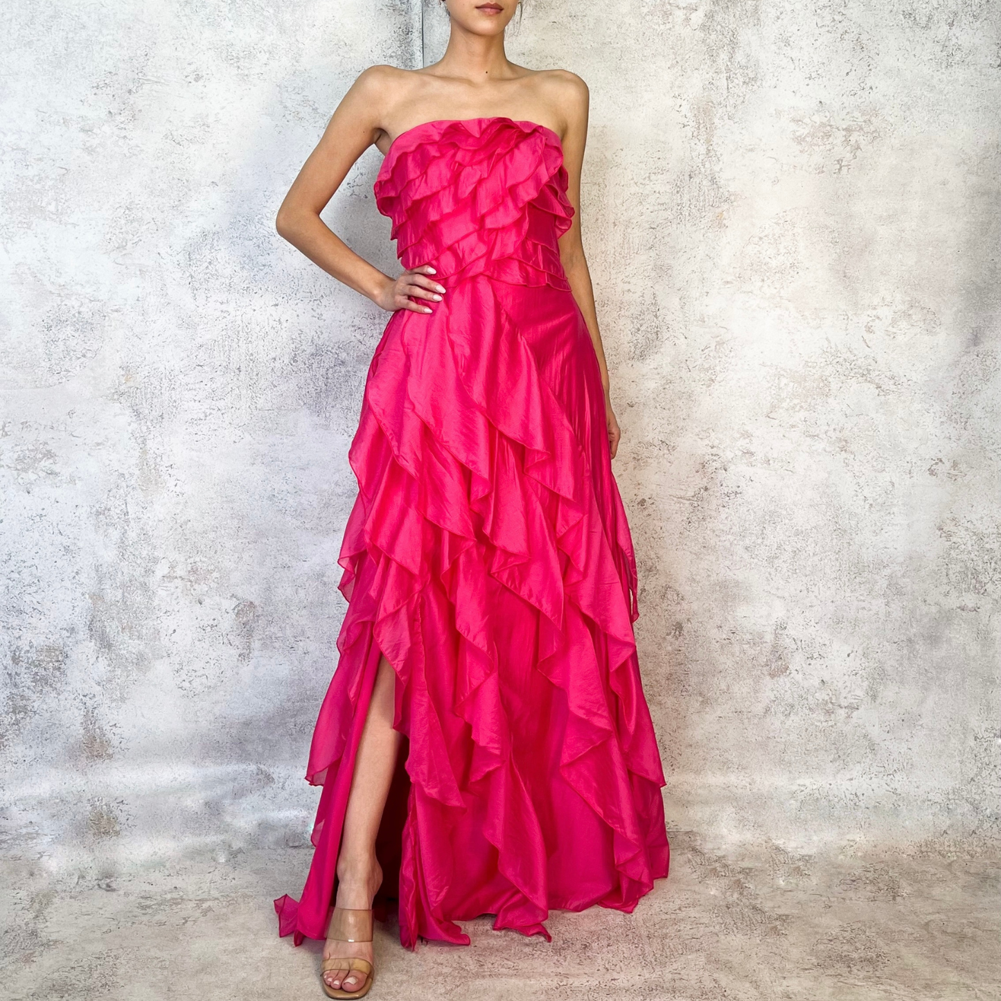 Vestido largo olanes fuchsia