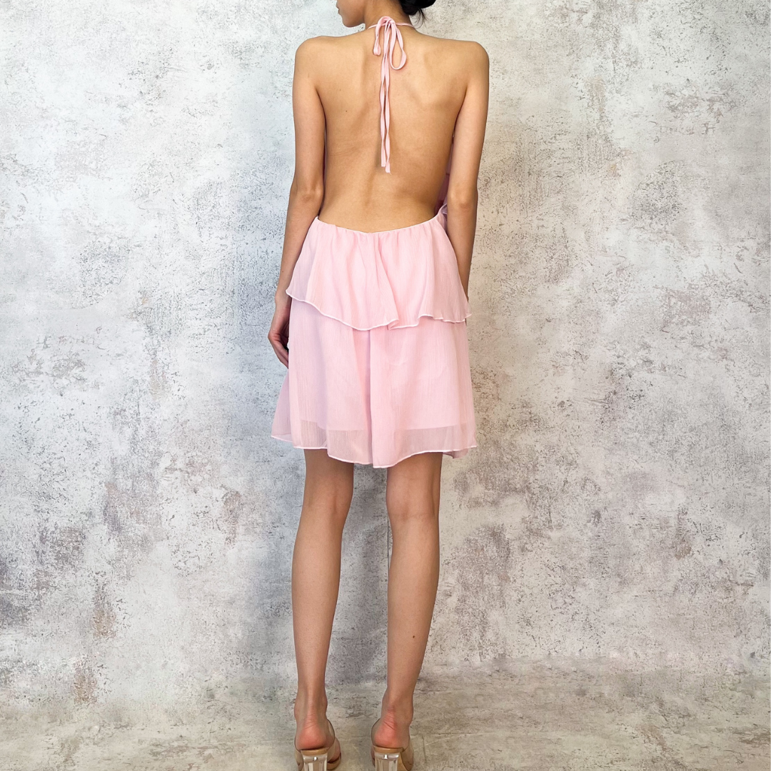 Vestido corto de gasa rosa palo