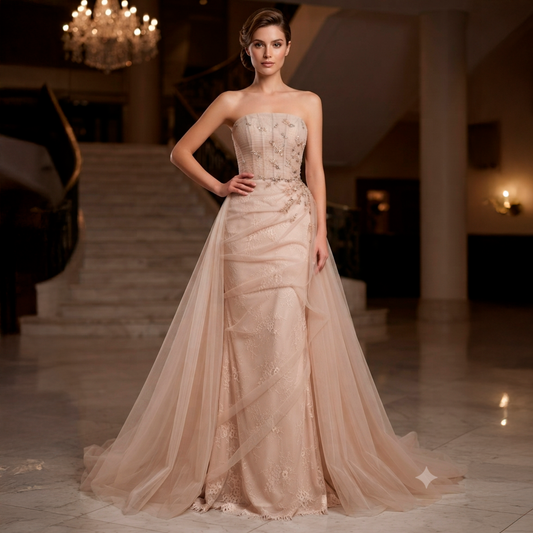 Vestido largo de tul color blush