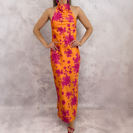 VESTIDO MIDI HALTER ESPALDA NARANJA