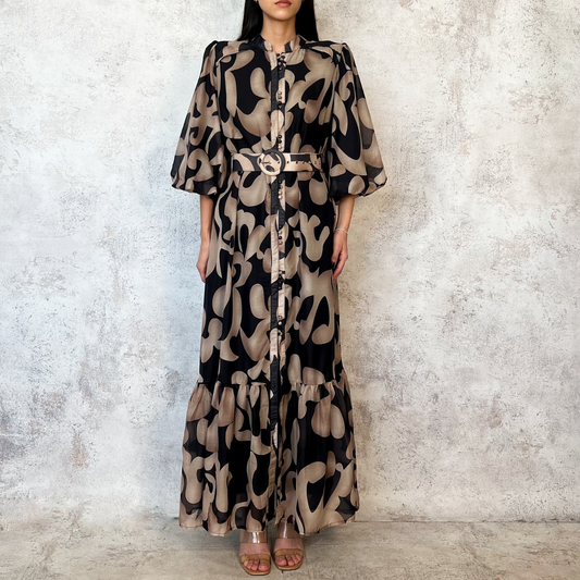 Vestido midi estampado figuras beige