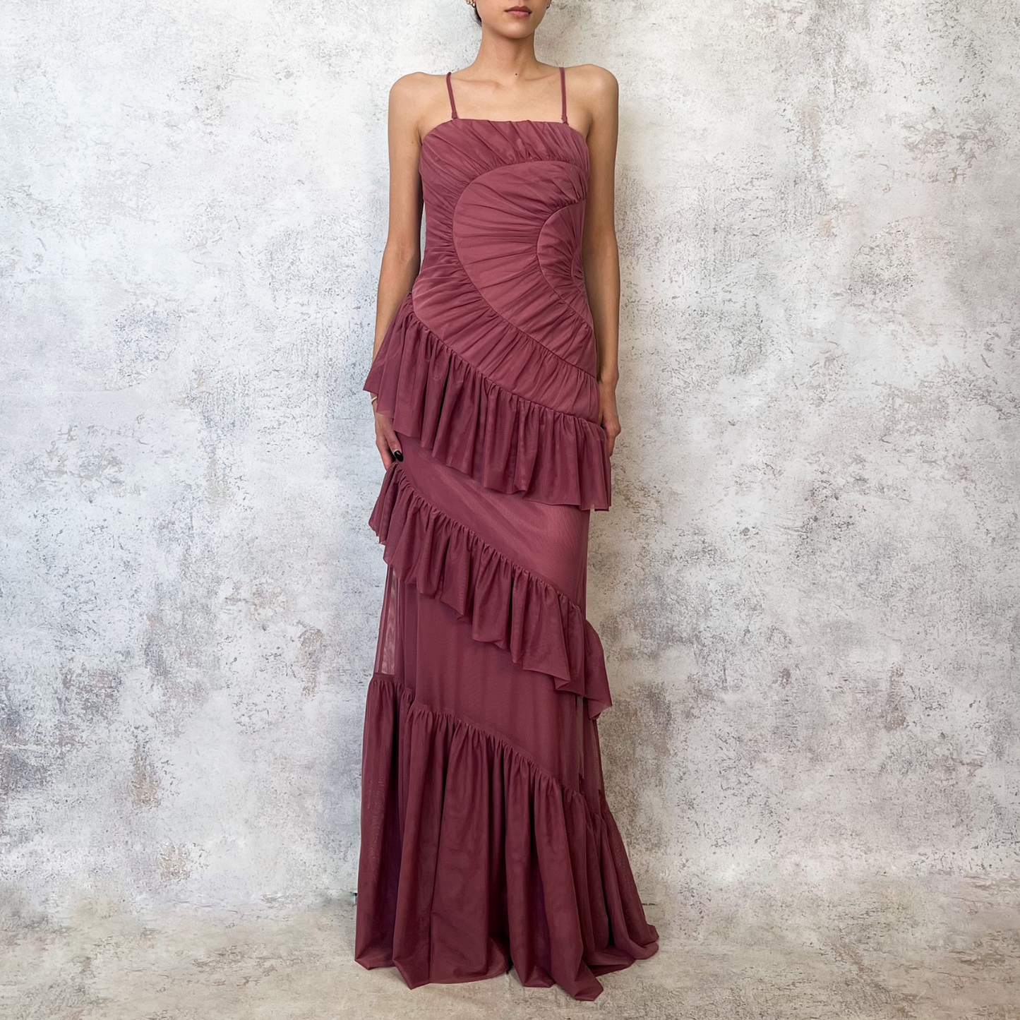 Vestido largo olanes en mesh mauve