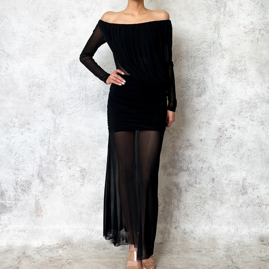 Vestido midi asimetrico de mesh negro
