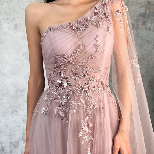 Vestido largo corte princesa mauve