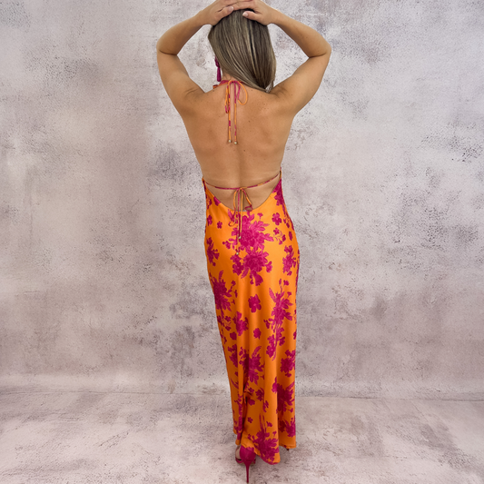 VESTIDO MIDI HALTER ESPALDA NARANJA