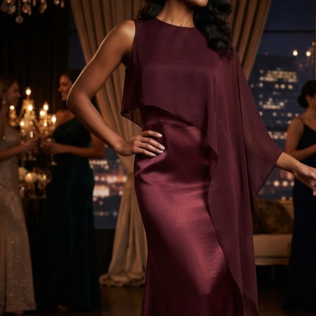 Vestido largo de capa  satin color vino