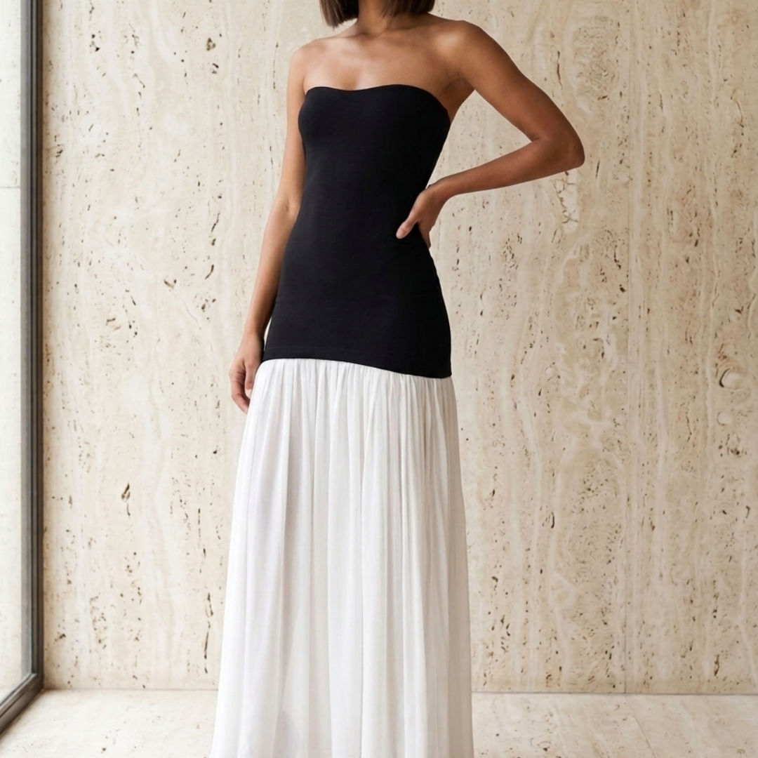 Vestido largo gasa strapless negro/blanco