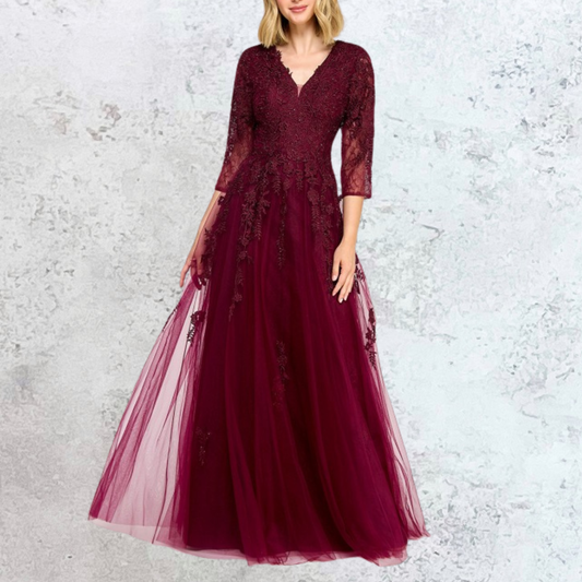 Vestido largo de tul color berenjena