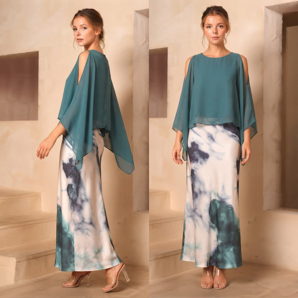 Vestido lencero con capa de gasa verde