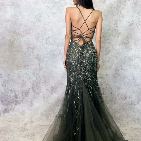 Vestido largo tul bordado pedreria olivo