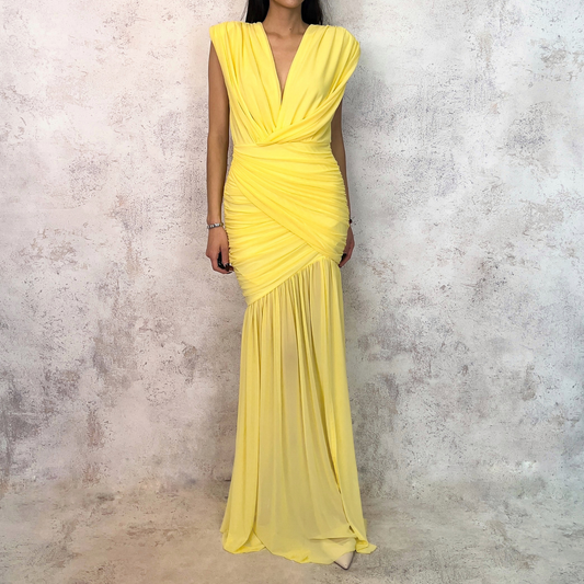 Vestido largo de mesh drapeado amarillo