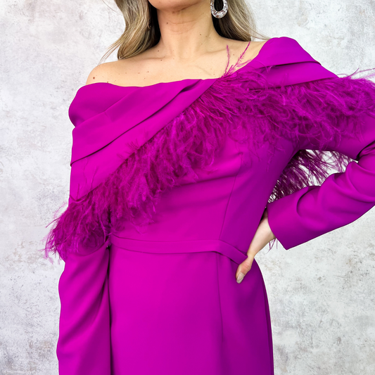 Vestido largo detalle de plumas magenta